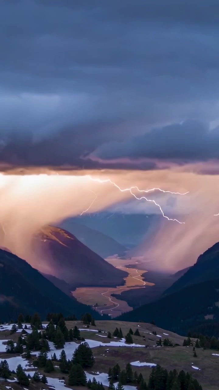 Vertikal video: Skiftende stormbanke sænker sig over alpedal, afslører snoet flod