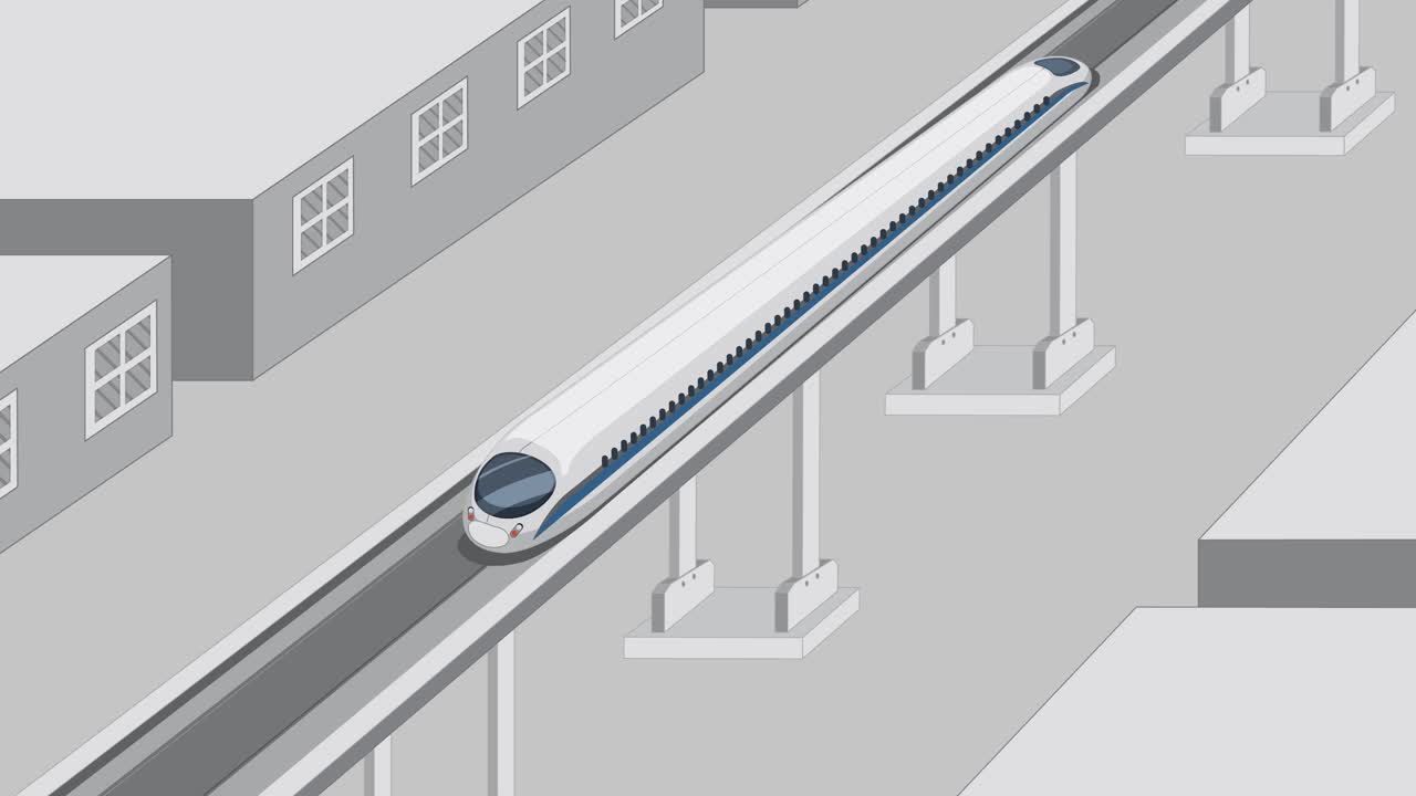모노레일 은 양식화 된 도시 풍경 을 가로질러 미끄러진다