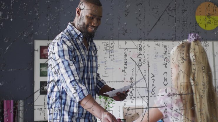Animation of mathematical equations over african american male teacher giving exams