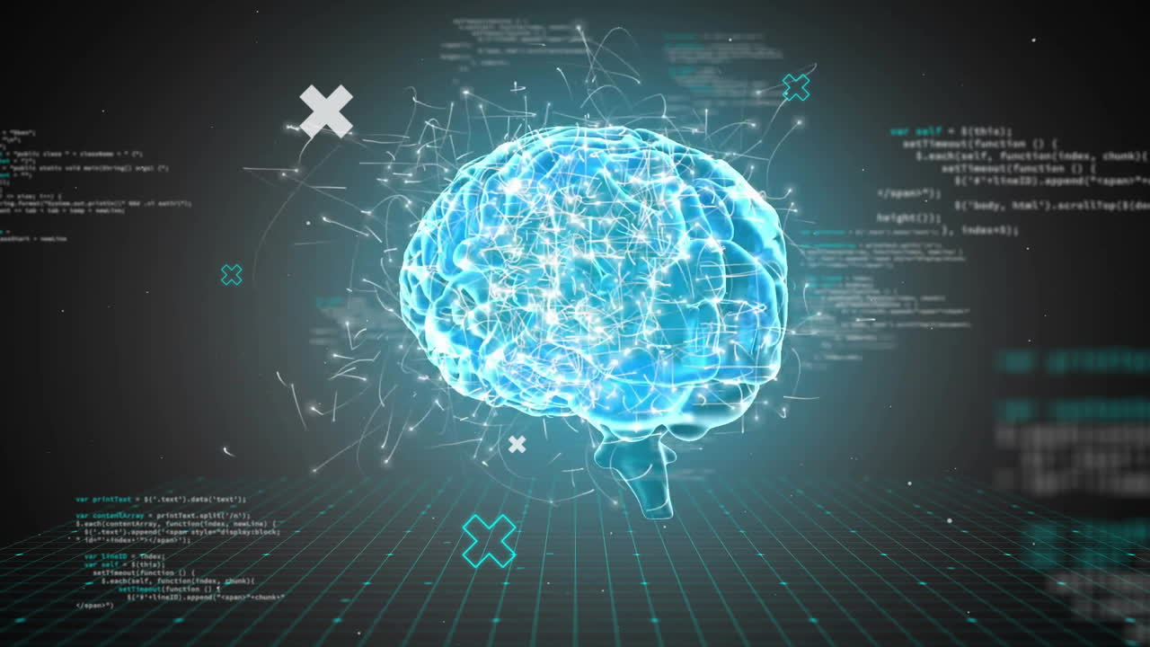 어두운 배경 위에서 인간의 뇌와 데이터 처리의 애니메이션