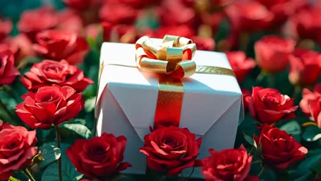 a white gift box with a gold bow surrounded by red roses