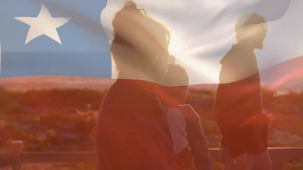 칠레의 발의 애니메이션 행복한 백인 부모와 아이 야외