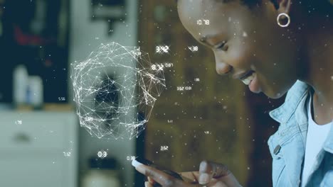 Animation of globe and network of connections over smiling african american woman using smartphone