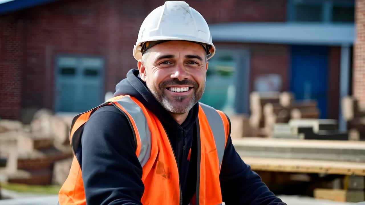 A construction worker in a hard hat and orange vest smiles at the camera