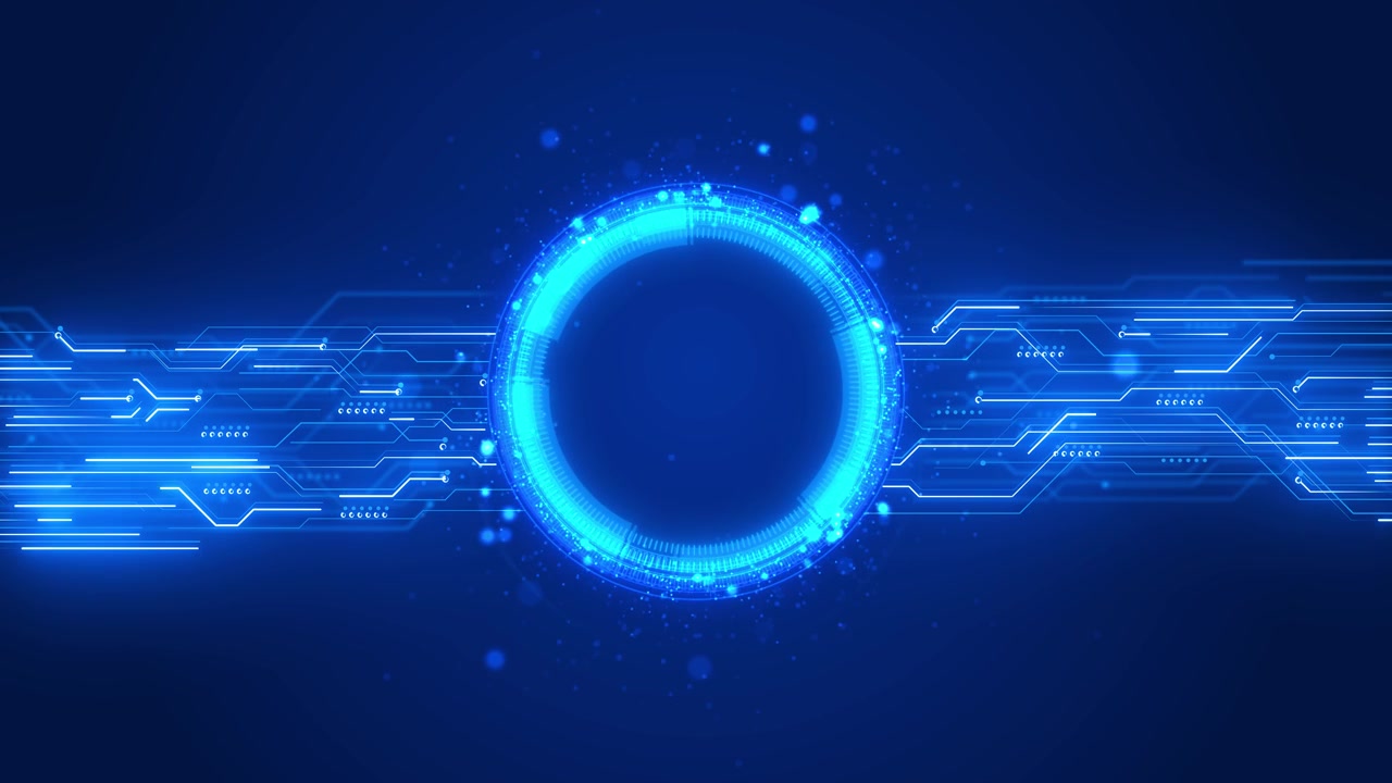 Blå elektronisk HUD-cirkelvisning med lys cyan scannerring, kredsløbsbaner og et rent futuristisk design.