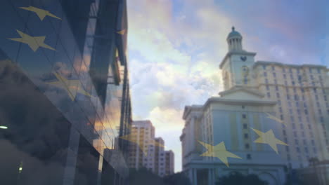 animation of european union waving flag over cityscape