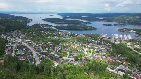 oslofjord, village and green islands in vestfold og telemark, norway - aerial 4k