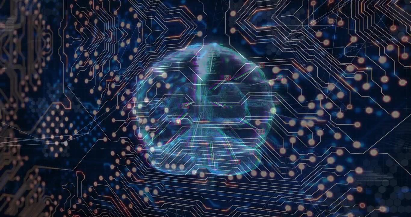 Neon-blue sphere emerging on blue circuit plane, rotating and pulsing nodes to visualize data flow