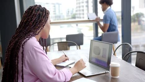 working on laptop, woman taking notes in modern office with coffee cup