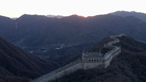 Aerial-Shot-of-Tower-of-Great-Wall-of-China-at-Sunset