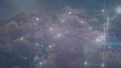 Animation-of-network-of-connections-over-clouds-in-background