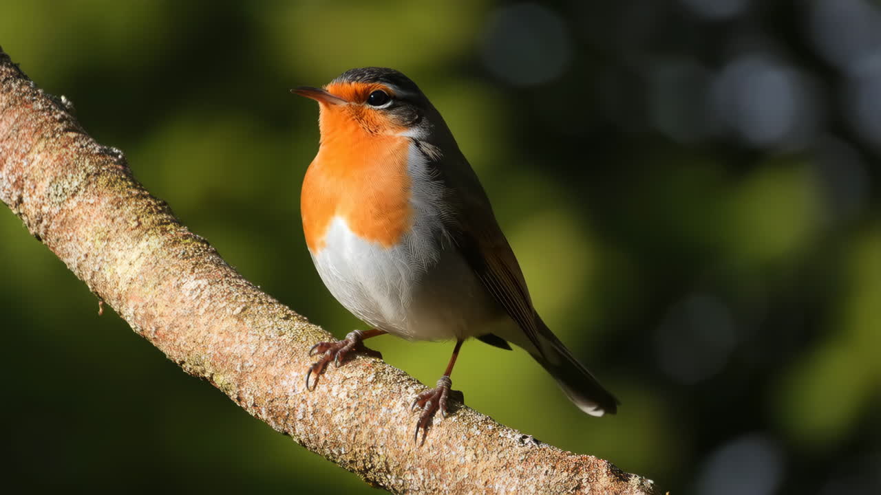 A vibrant robin bird perched on a tree branch with a blurred green background