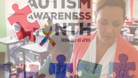 animation of autism awareness month text over diverse schoolchildren and teacher using tablet