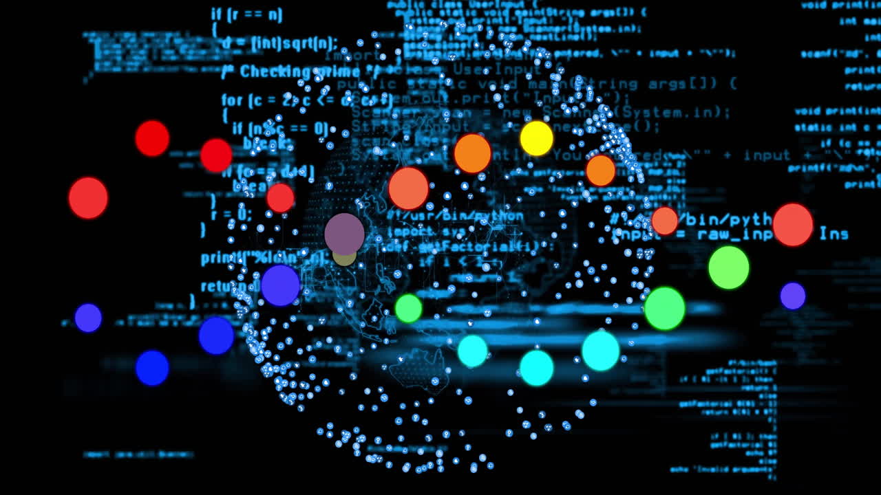 Animating colorful nodes and connections over programming code background