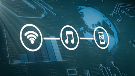 wi-fi, music, and smartphone icons connected over global network animation