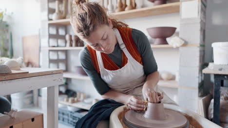 pottery, woman artist and clay mold with wheel