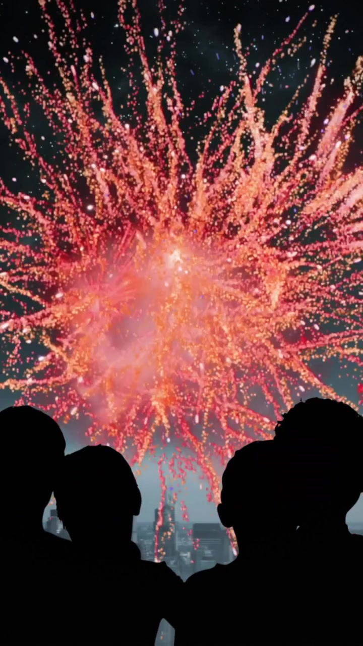 Animation of silhouettes of people and cityscape over fireworks