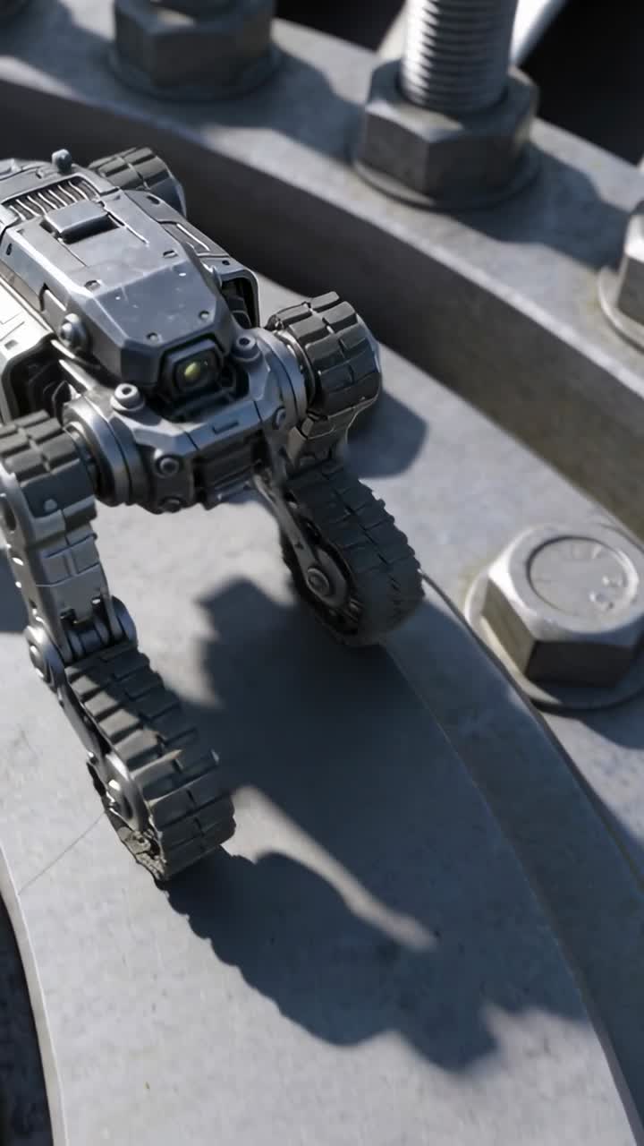 Vertical video: Motor engaging, crawling tracked robot across flange with yellow lens and hex bolts