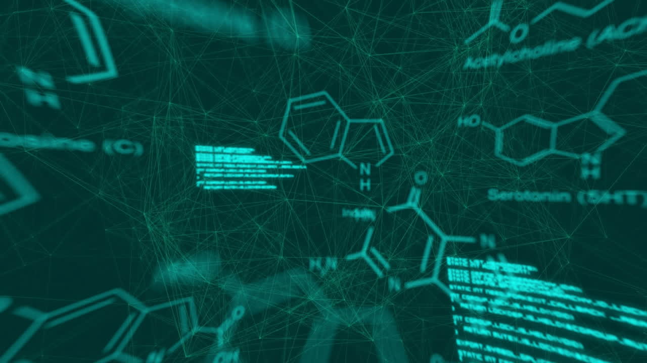 Chemical formulas and molecular structures animation over network of connections