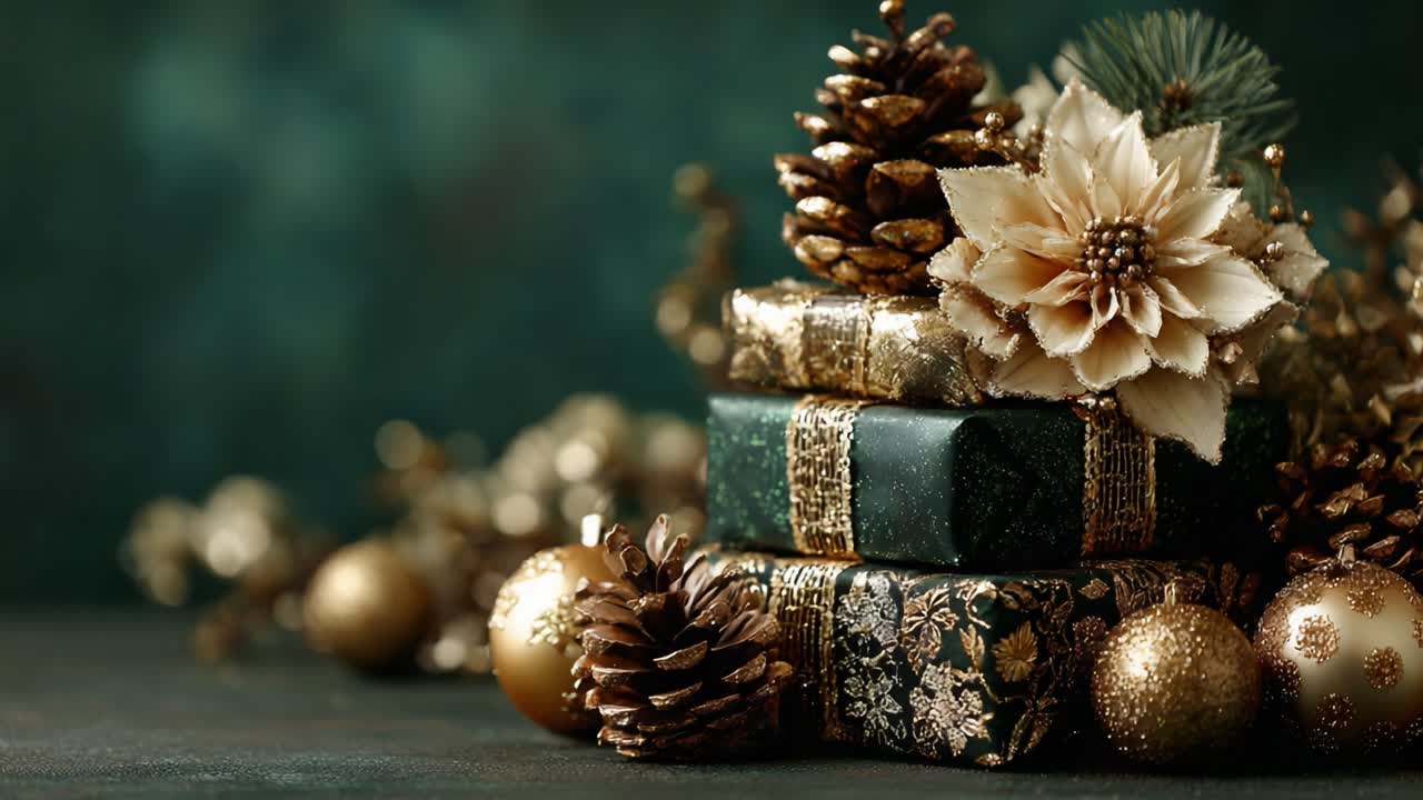 Decorazioni festive ed eleganti per le feste con regali splendidamente incartati, pigne decorate e incantevoli accenti floreali, perfette per le celebrazioni stagionali