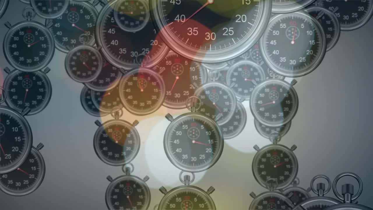 In school, animation of multiple stopwatches displaying various times with colors