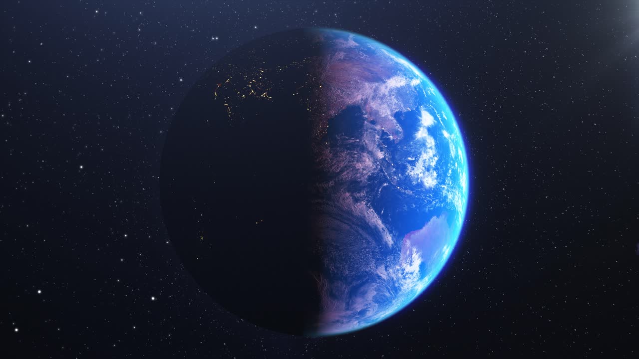 Pemandangan depan planet Bumi. Separuh siang dan separuh malam.