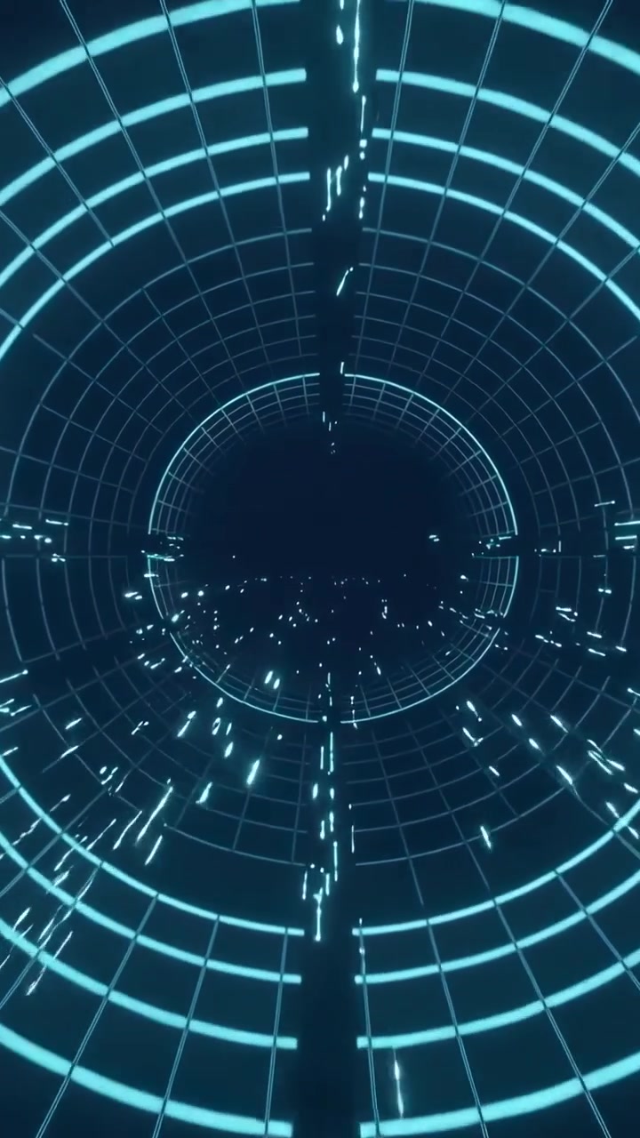 Vertical video: Camera advancing revealing cyan tunnel center, pulsing rings, column, spark trails