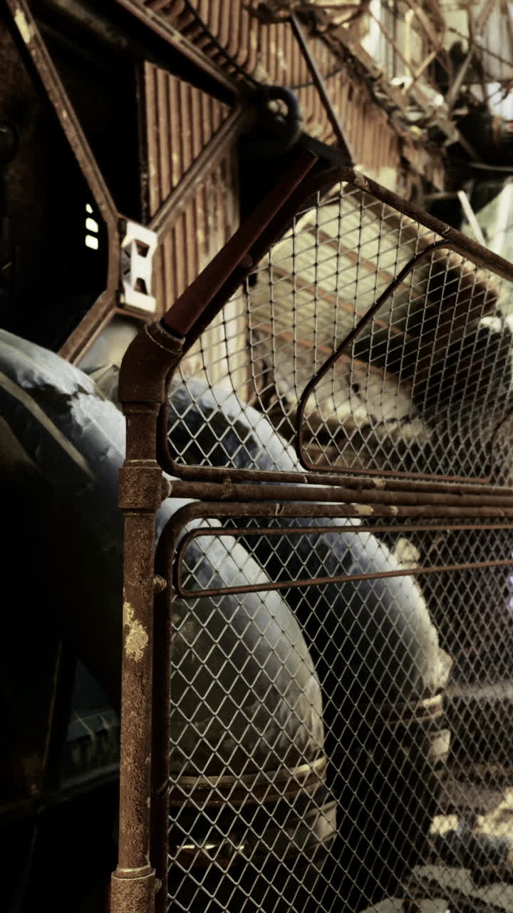 Old factory with rusted pipes and fencing in an industrial setting