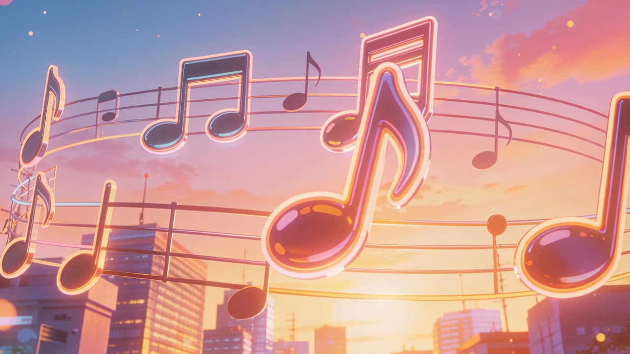 夕陽西下，閃爍光澤的音符沿五線譜劃過城市屋頂，閃耀生輝。