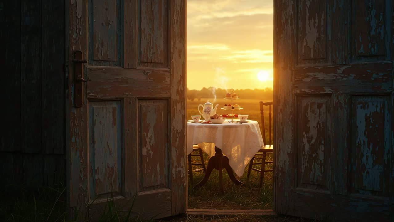A Serene Tea Party at Sunset: An Inviting Table Set in Nature Framed by Rustic Doors, Perfect for a Peaceful Gathering or Moment of Reflection