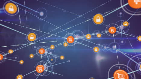 animation of network of digital icons over glowing light spots against blue background