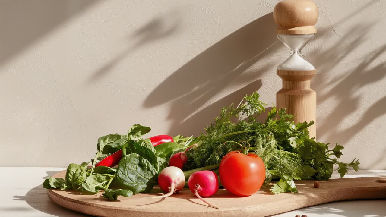Wooden salt and pepper mills standing beside a vibrant array of fresh produce, including spinach, radishes, tomatoes, chili peppers, cucumbers, and dill on a sunlit wooden cutting board