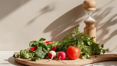 wooden salt and pepper mills standing beside a vibrant array of fresh produce, including spinach, radishes, tomatoes, chili peppers, cucumbers, and dill on a sunlit wooden cutting board