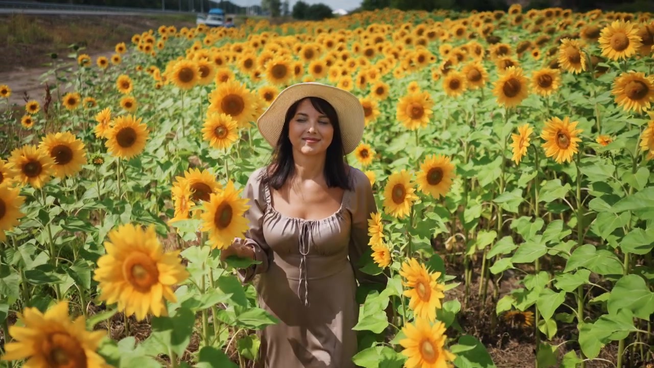 Donna con cappello a tesa larga e abito svolazzante in piedi tra alti girasoli, tocca delicatamente i fiori mentre posa. La scena presenta vivaci fiori gialli con foglie verdi sotto la piena luce del giorno.