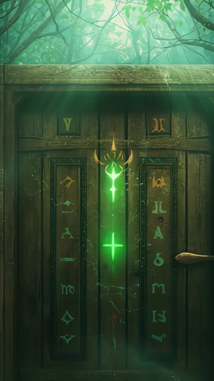 Vertical video: Wooden runic door raising green shield in misty glade, with pulsing central emblem