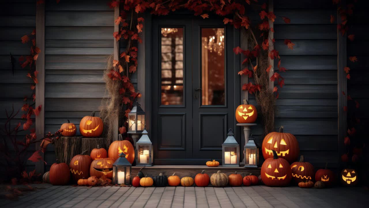 Un’accogliente scena di Halloween con zucche intagliate e lanterne su un portico. Scatto da una angolazione bassa, perfetta