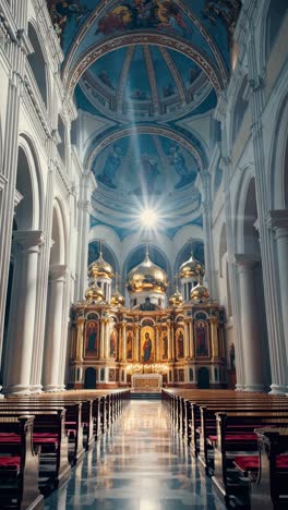 sun rays shining through the ceiling of a cathedral, illuminating the altar and benches, creating a serene and majestic atmosphere during a religious service