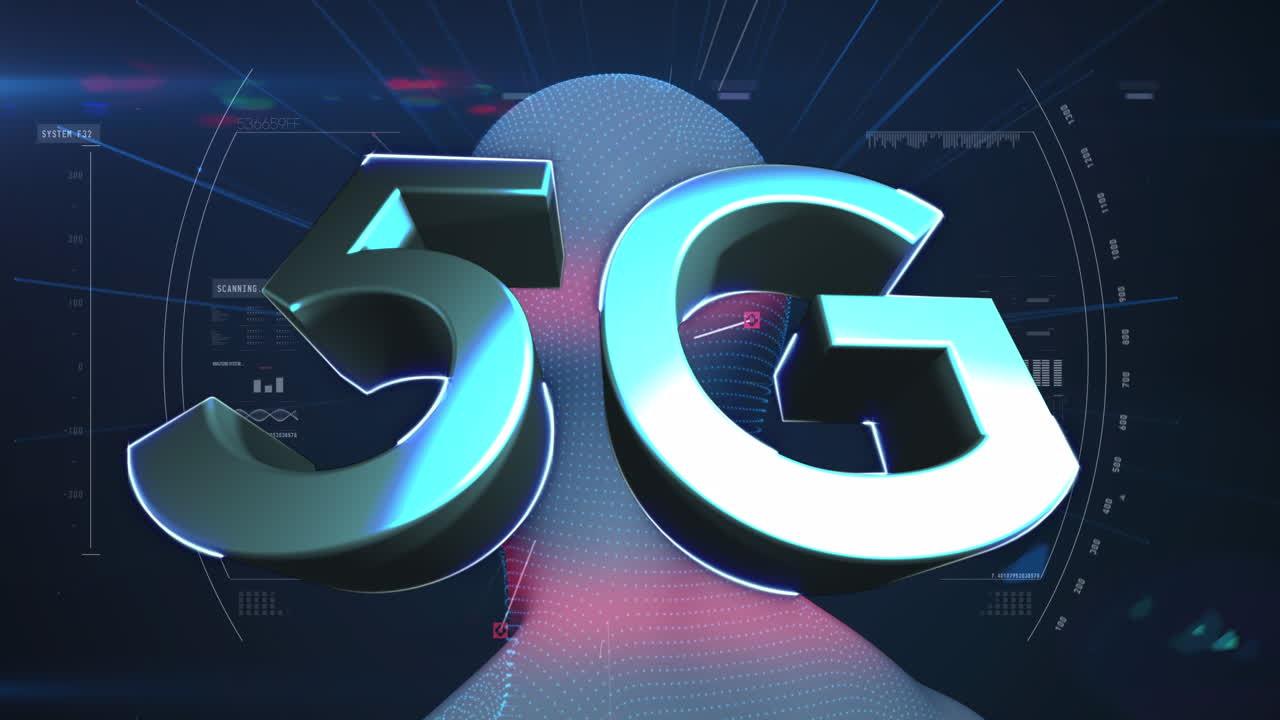검은색 배경에 5g 텍스트 오버 스 ⁇  스캔과 디지털 인간 애니메이션