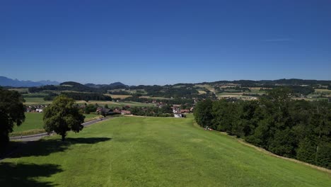 rural countryside field forest of switzerland summer weather clear blue sky aerial drone