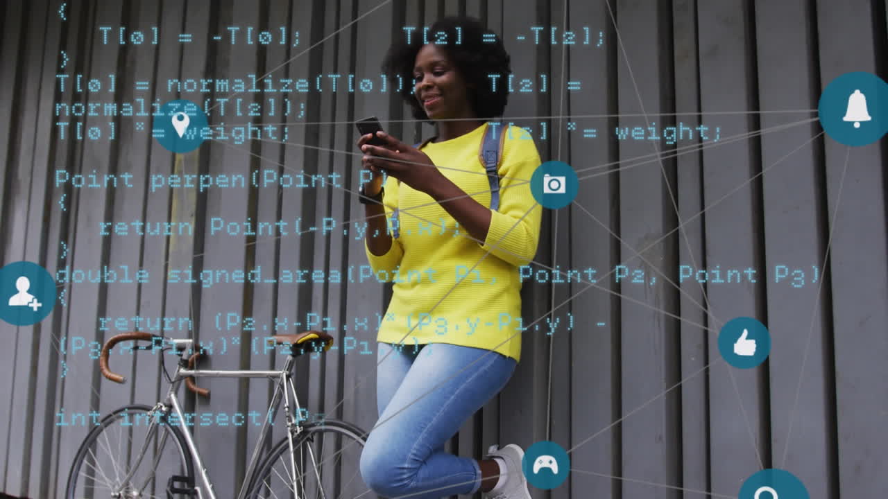 Animation of data and media icons over happy african american woman using smartphone in street