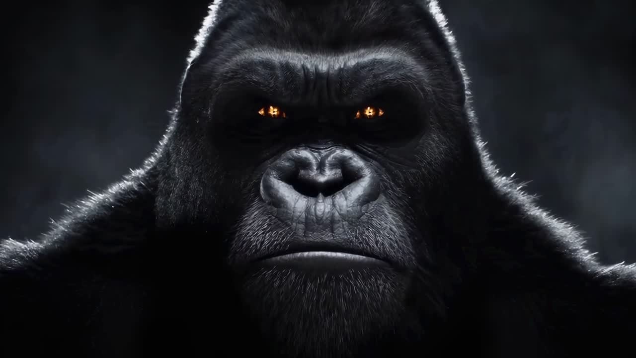 Dramatisk nærbillede af en gorilla med intense øjne, i filmisk videostil, set forfra.