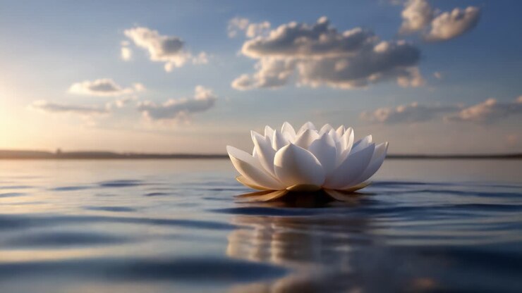 A Serene Water Lily Blossoms in Tranquil Waters at Dusk, Capturing the Beauty of Nature's Reflections Against a Calm Sky and Gentle Ripples