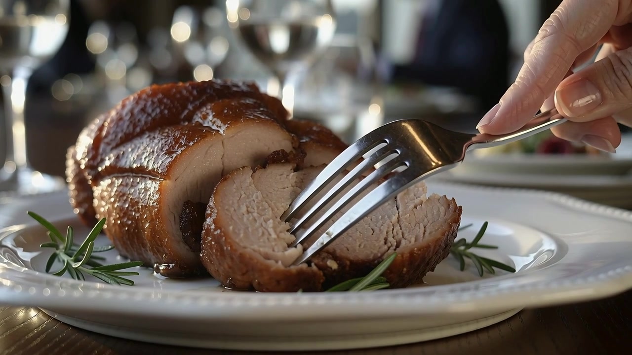 Persona che usa una forchetta per sollevare una fetta di carne arrosto