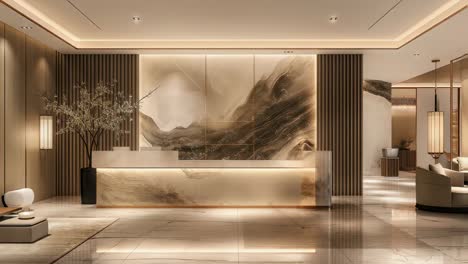 luxurious hotel lobby glowing with warm light, highlighting polished marble flooring, minimalist reception counter, dramatic abstract artwork creating sophisticated ambiance