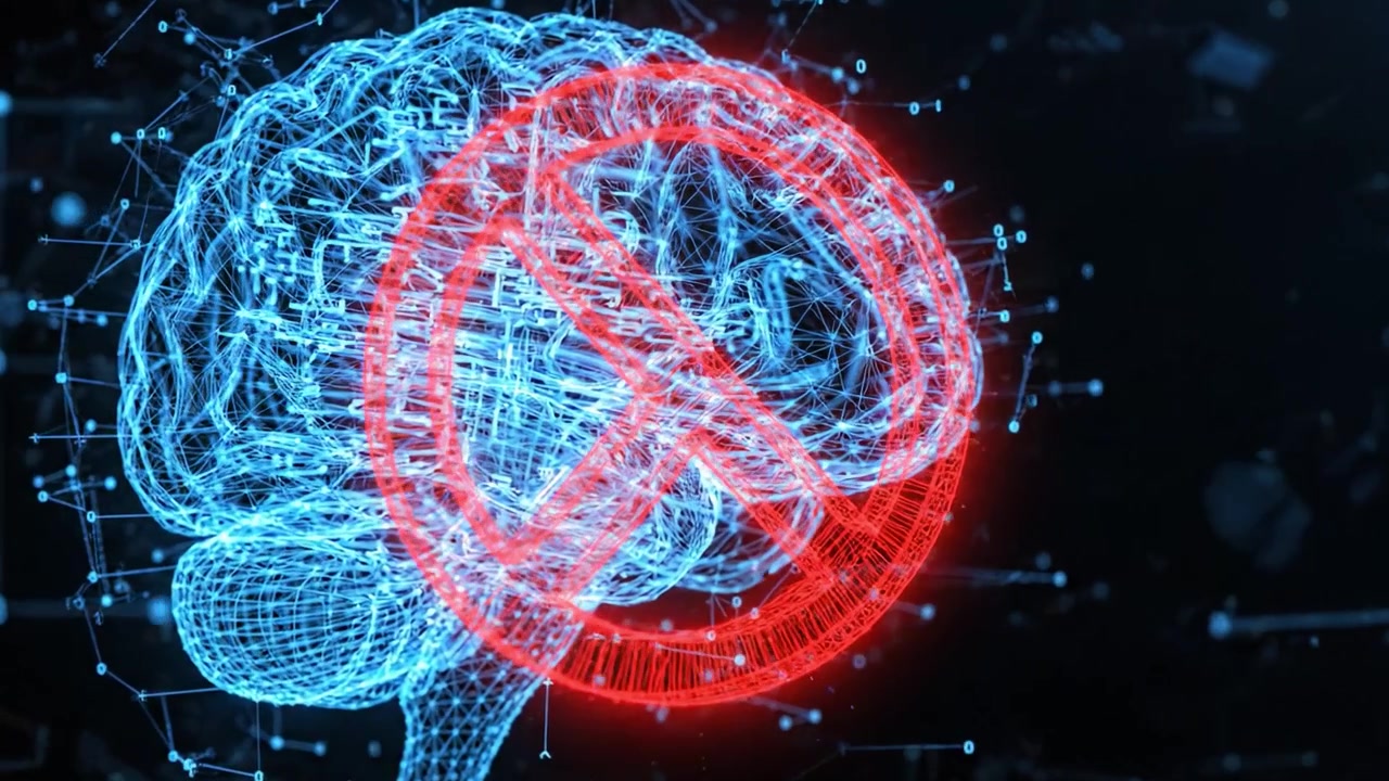 De dualiteit van neurotechnologie verkennen: van de complexe blauwe structuur van de hersenen tot het krachtige rode waarschuwingssignaal tegen misbruik en beperkingen