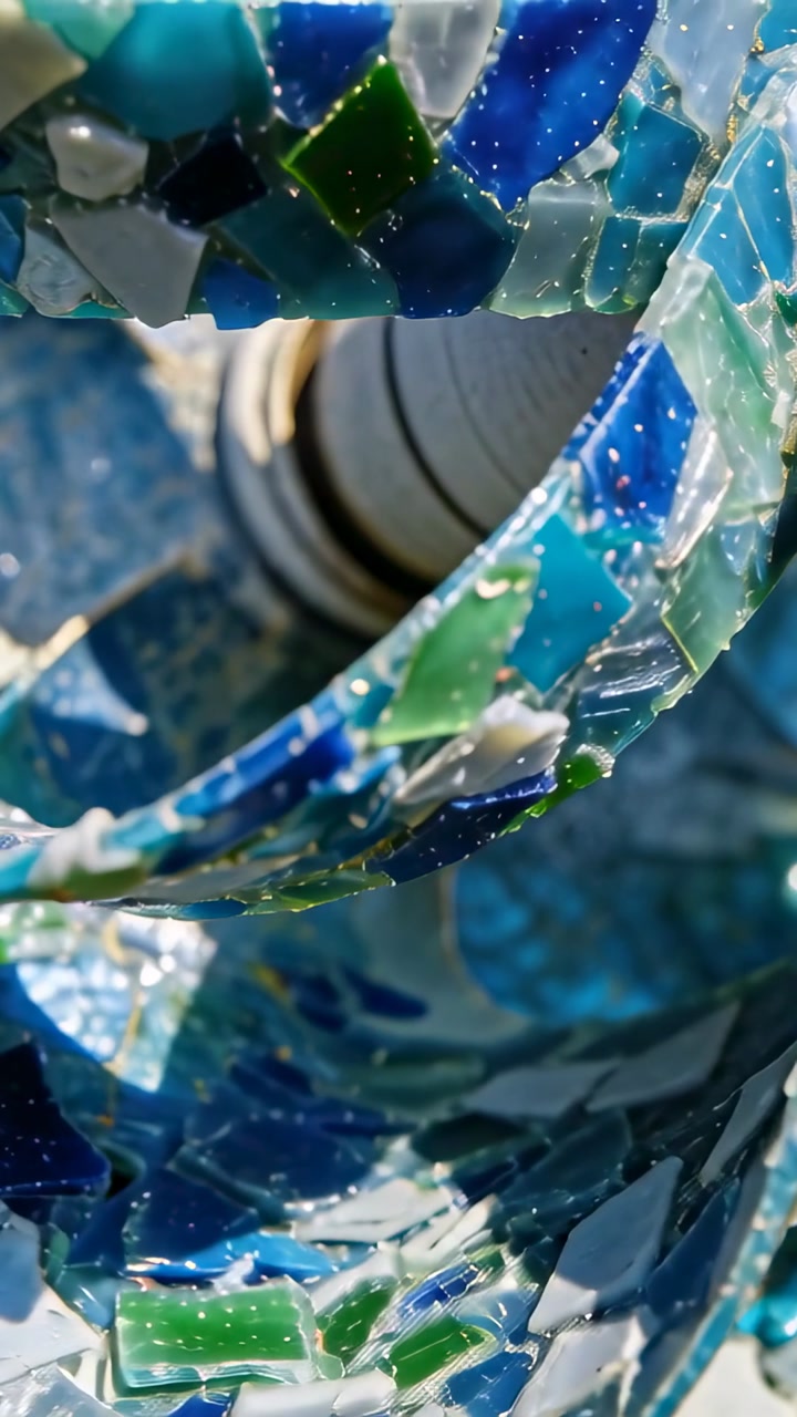 Vertical video: Panning camera circling spiral sculpture in garden, showing mosaic tiles and shaft