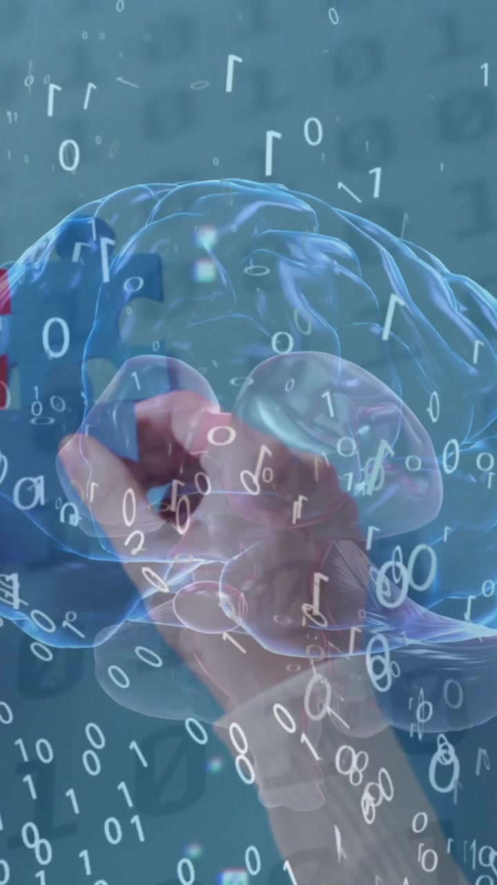 Animation of digital brain and data processing over hands holding puzzle pieces on blue background