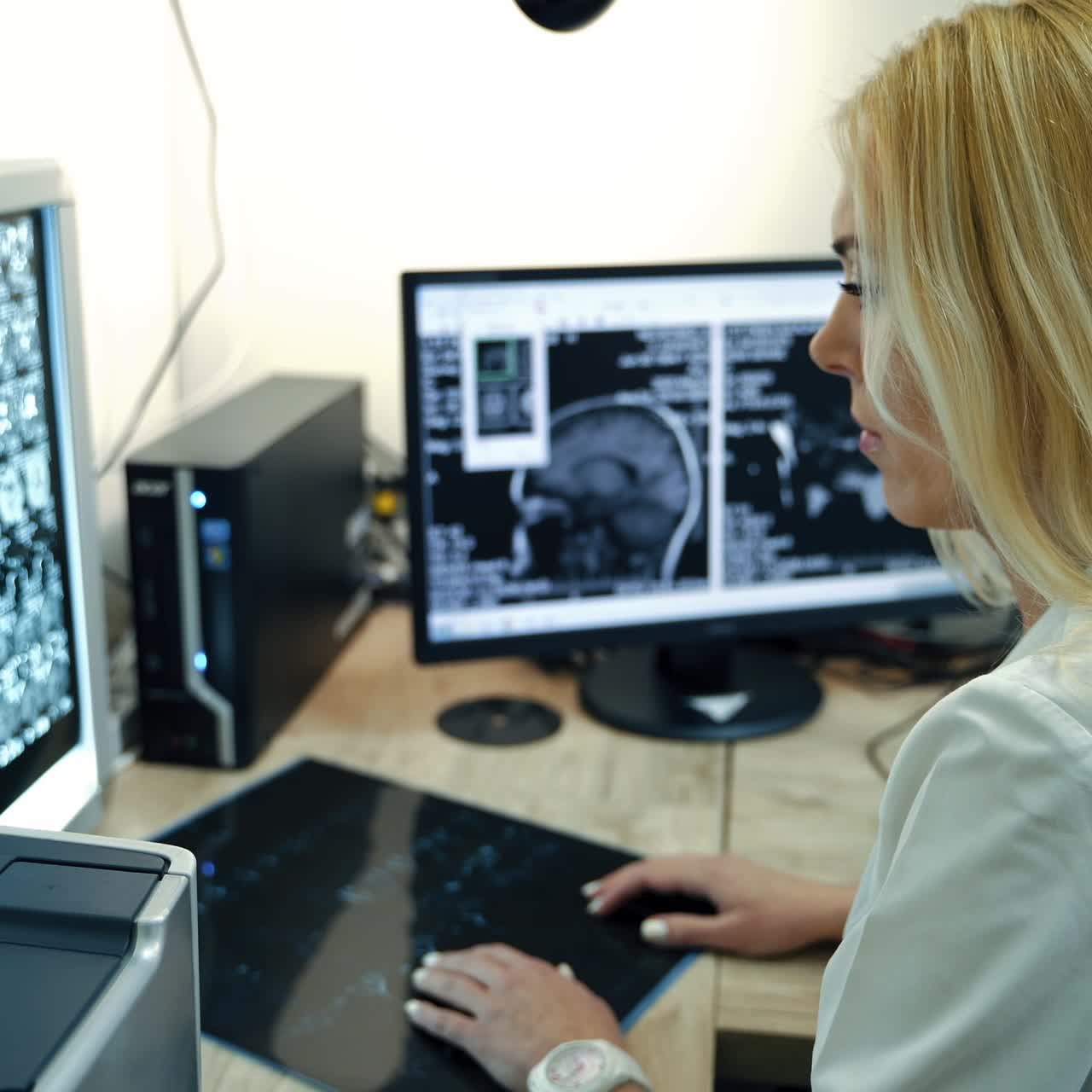 Doctor with long blonde hair wearing white overall looking at the MRI shots of patient's head. Side view. Computer equipment working at backdrop