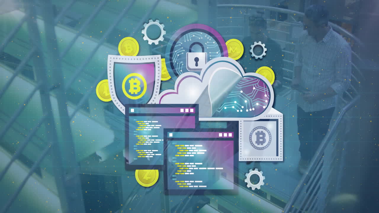 Digital network background with cloud computing and cryptocurrency animation symbols