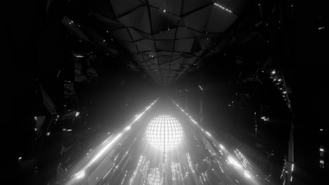 vj loop - shining white energy sphere rolling down a dark glossy sci-fi corridor